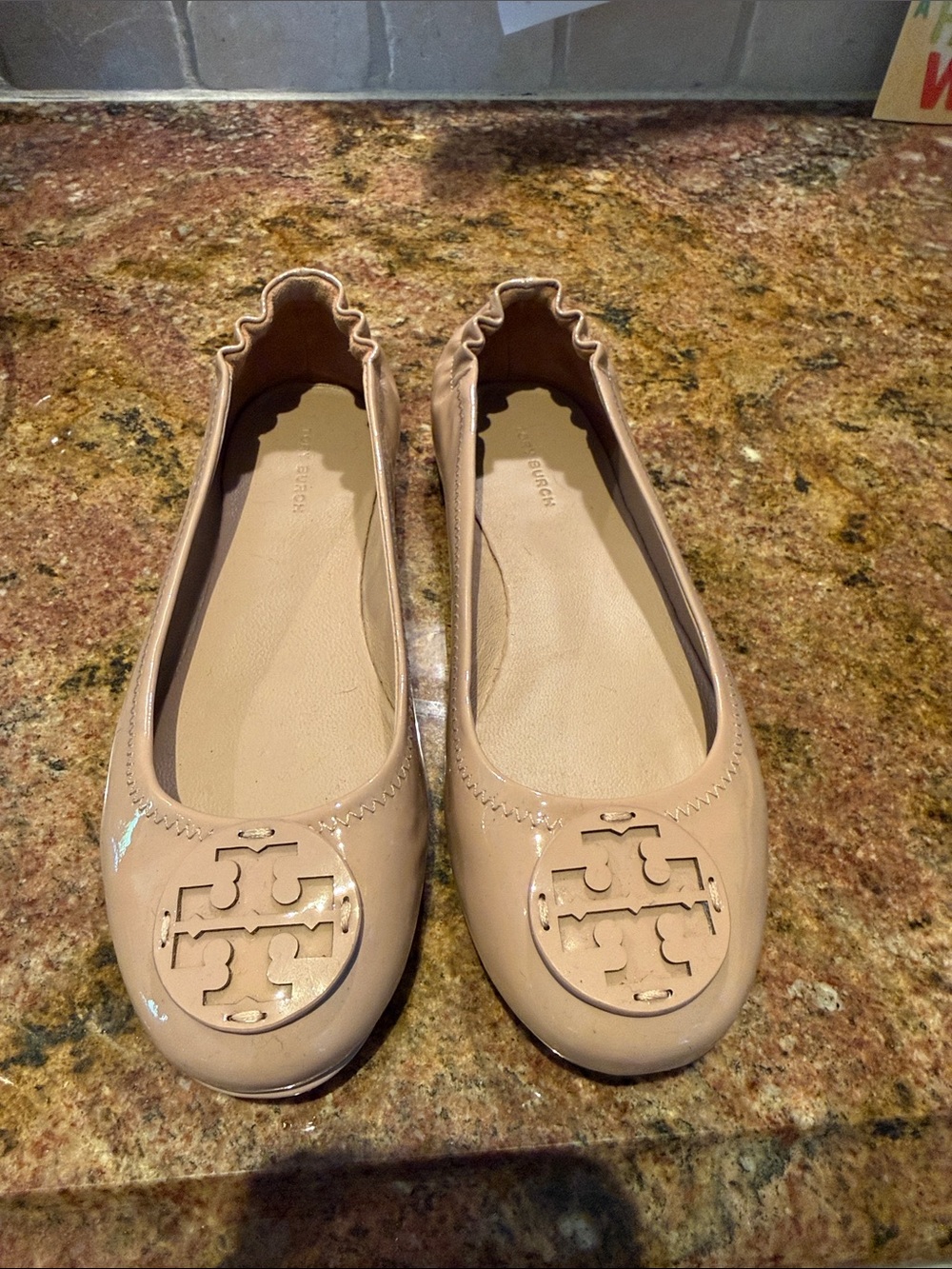 Tory Burch Nude Patent Leather Logo Ballet Flats